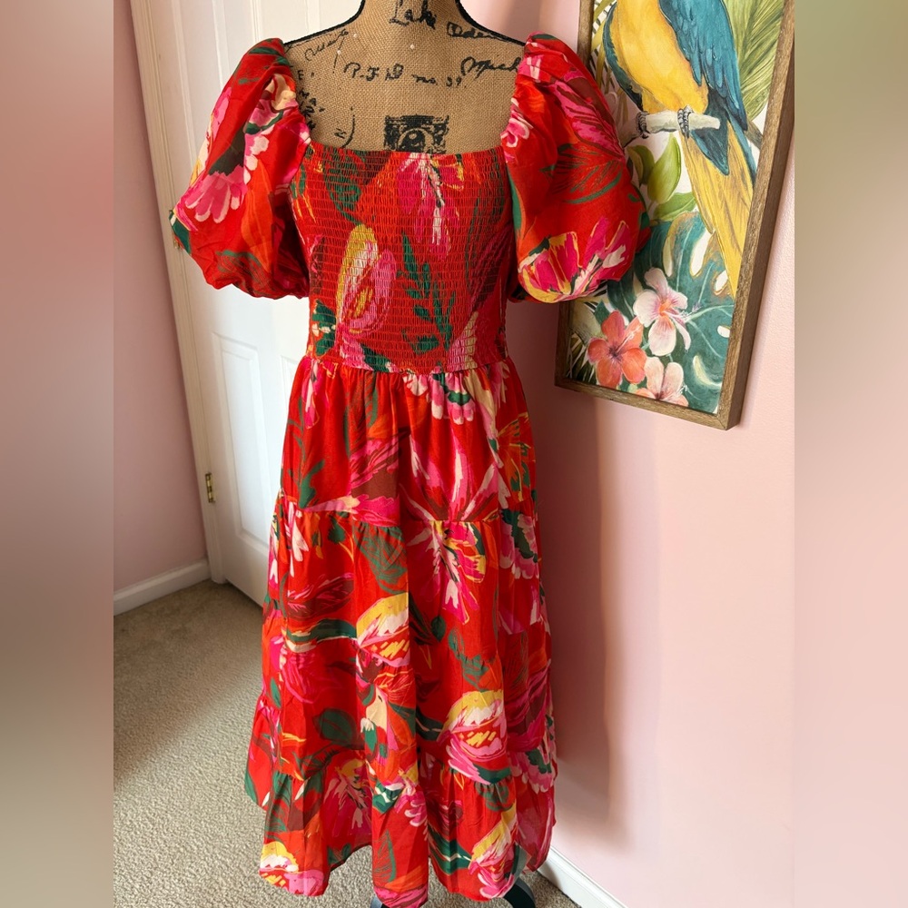 NWOT - Red Floral Puff-Sleeve Midi Dress